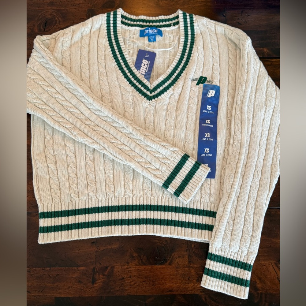 Prince Cream and Green V-Neck Cable Knit Sweater